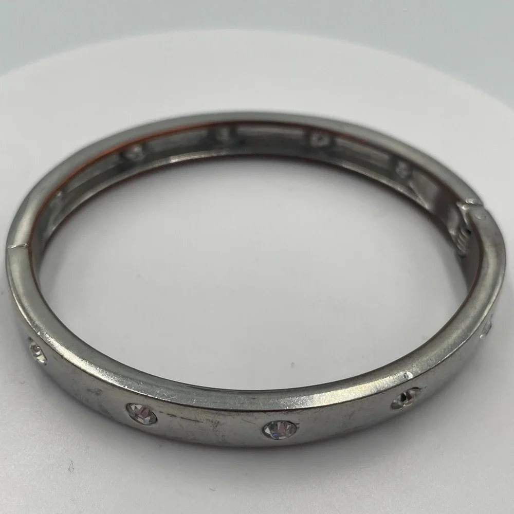 Vintage Y2K Silver Tone Rhinestone Inset Hinge Bangle Minimalist Bracelet